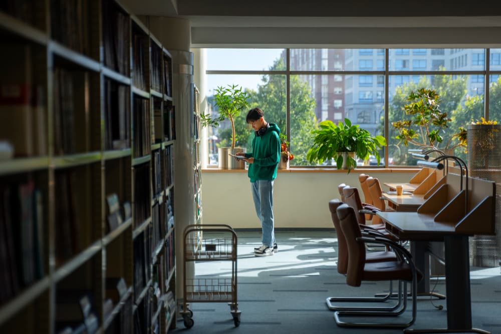 Student studying in library